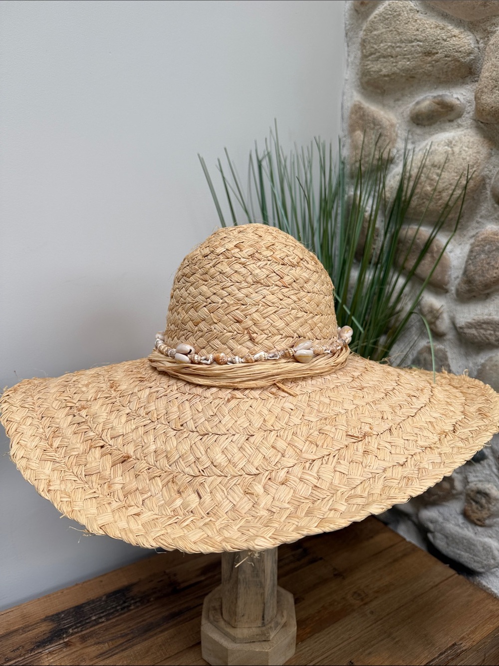 Kathy Jeanne Natural Straw Wide-Brim Sun Hat with Shell Trim
